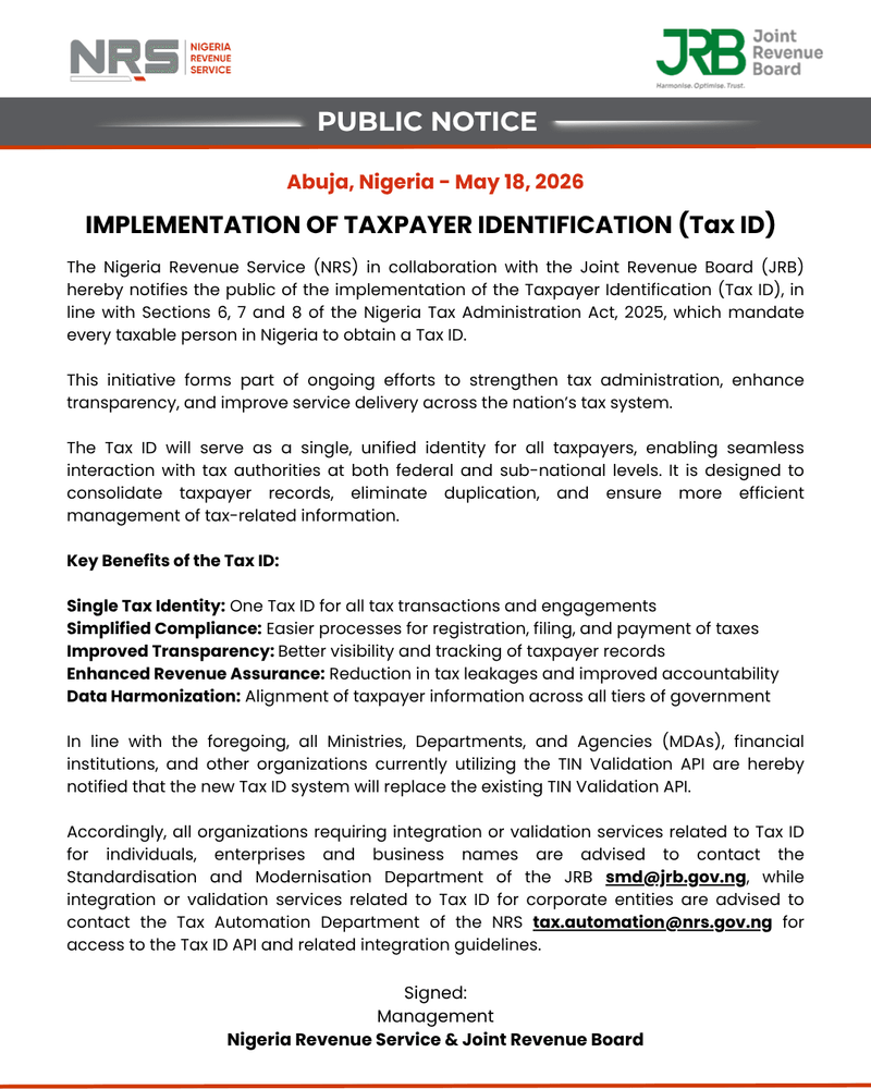IMPLEMENTATION OF TAXPAYER IDENTIFICATION (Tax ID)